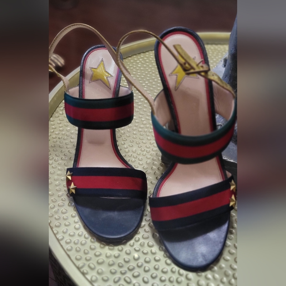 Gucci Black, Red & Green Stripe Slingback Sandals with Gold Star Studs